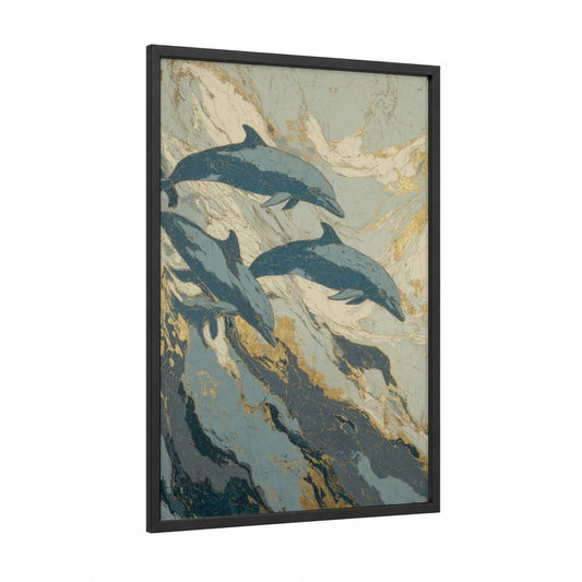 Golden Dolphins framed art print — black wood frame — dark blue and yellow gold palette