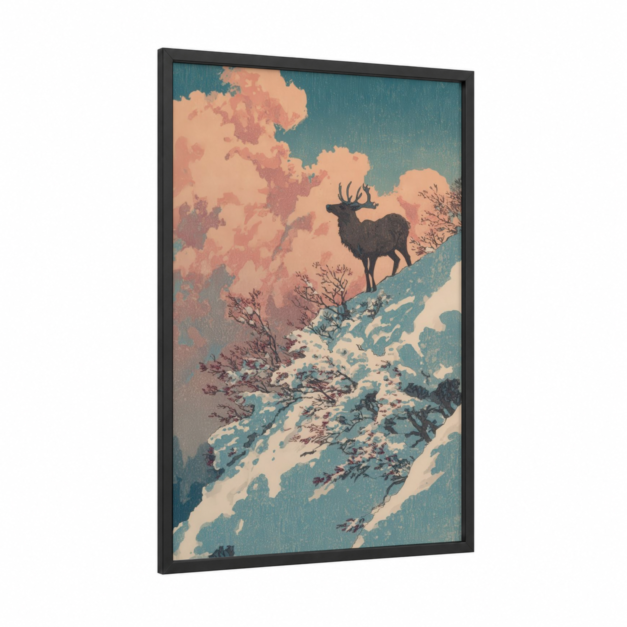 Alpine Reindeer framed art print — black wood frame — teal and peach palette