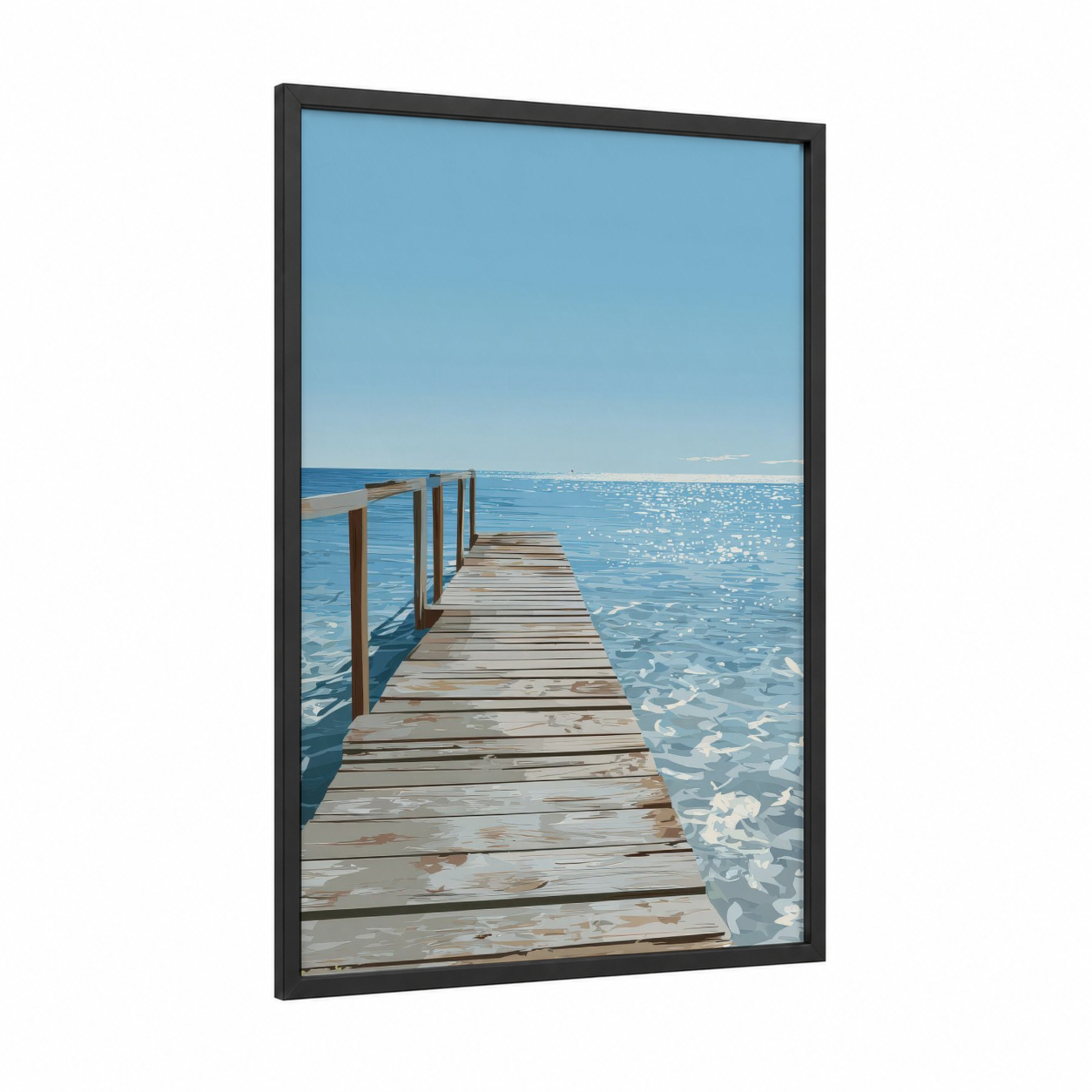 Serene Dock Vista framed docks and piers print — black wood frame — blue and white palette