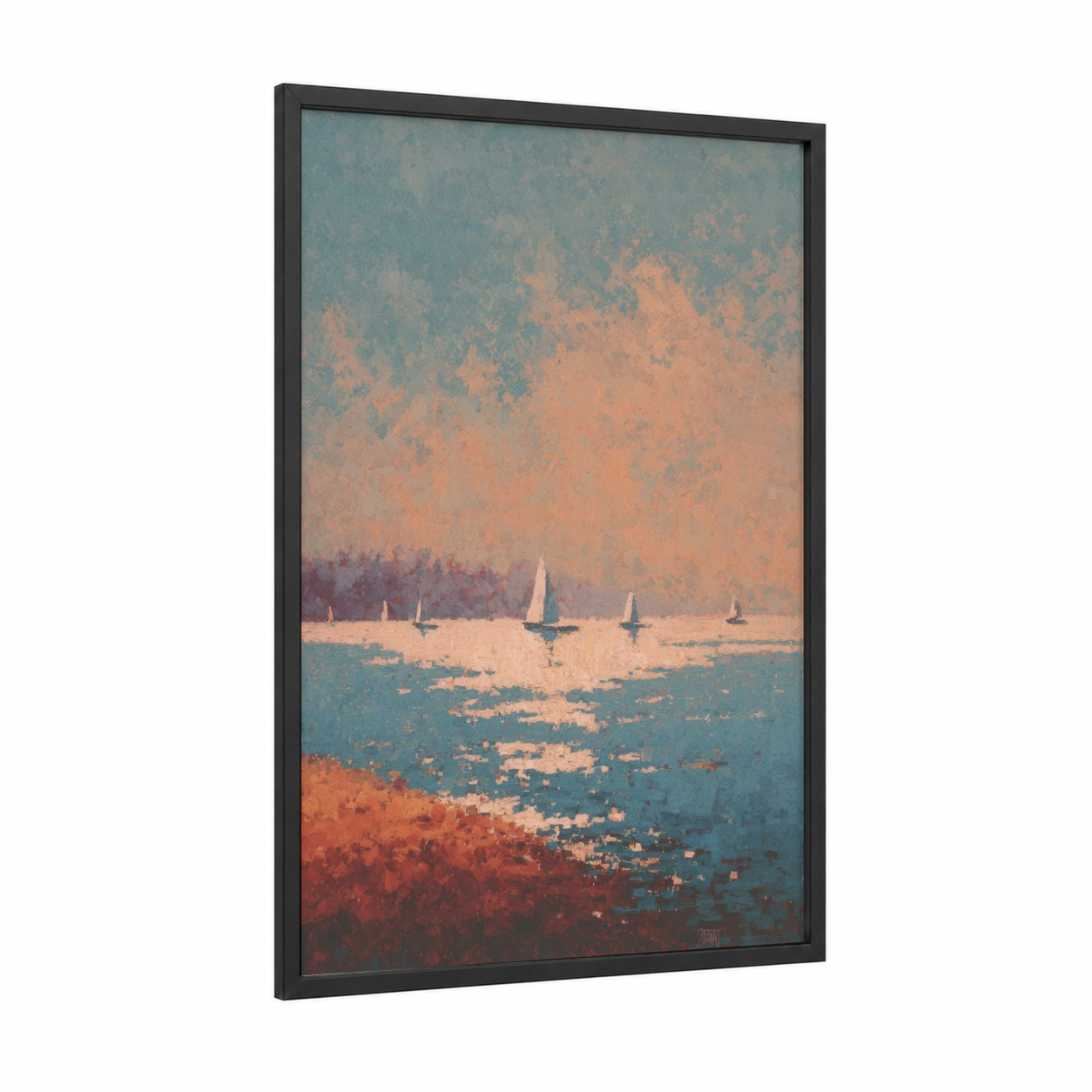 Golden Hour Sailing framed sailing ship print — black wood frame — peach and teal palette