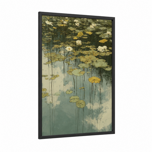 Golden Lotus Pond framed lakes print — black wood frame — light green and blue palette