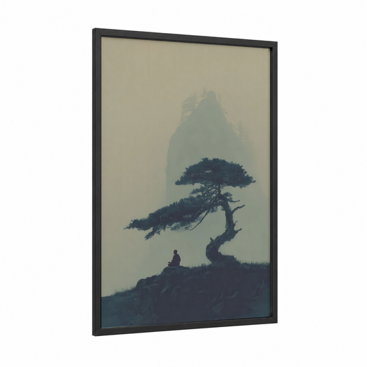 Misty Bonsai framed bonsai tree print — black wood frame — gray and dove gray palette