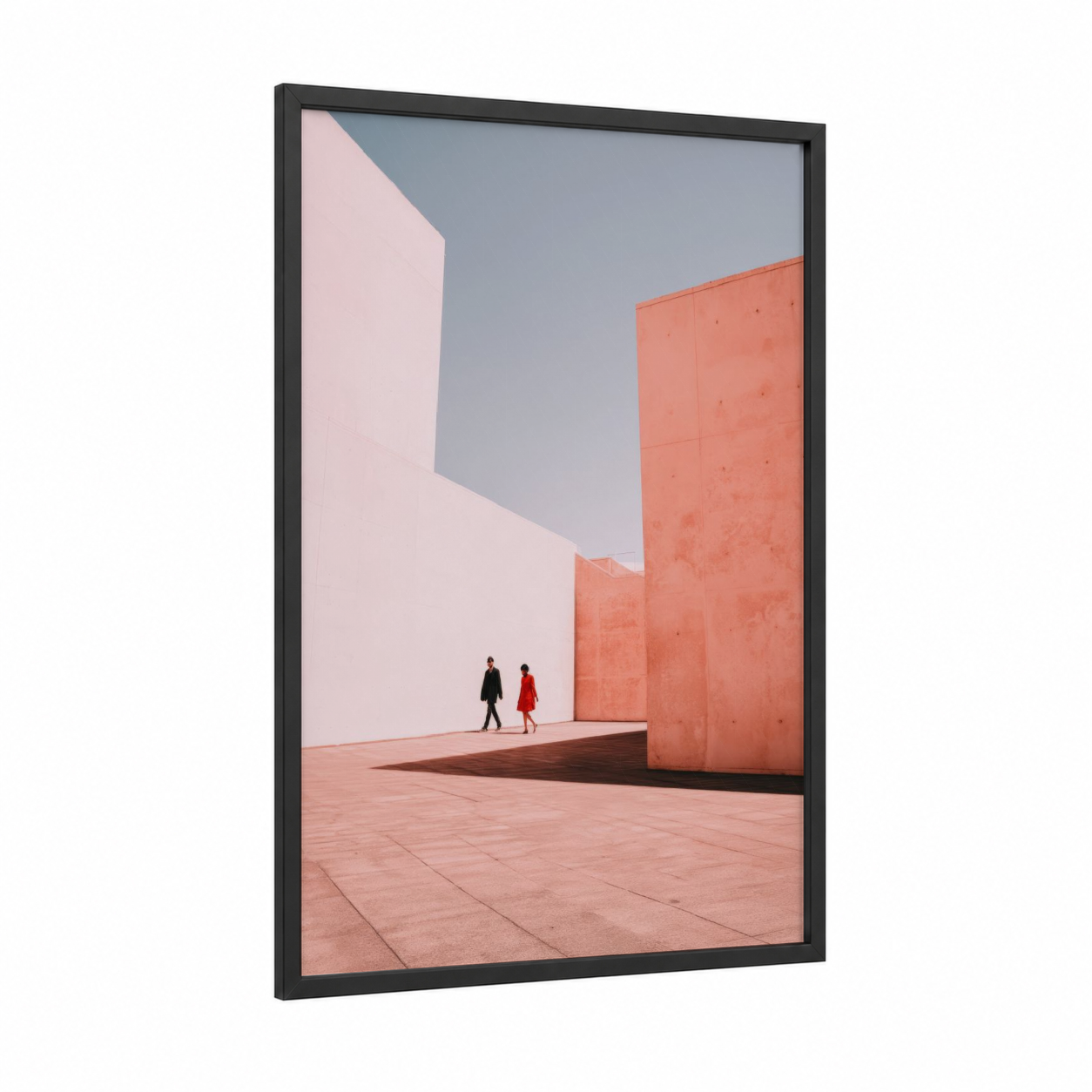 Minimalist Architecture Couple framed abstract architecture print — black wood frame — peach and dove gray palette