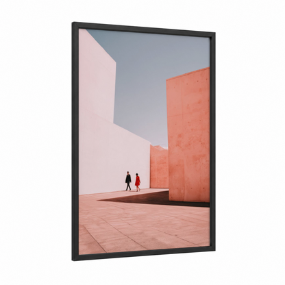 Minimalist Architecture Couple framed abstract architecture print — black wood frame — peach and dove gray palette