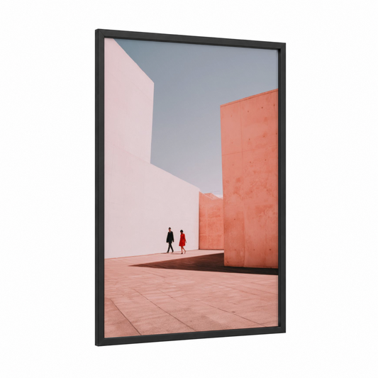Minimalist Architecture Couple framed abstract architecture print — black wood frame — peach and dove gray palette