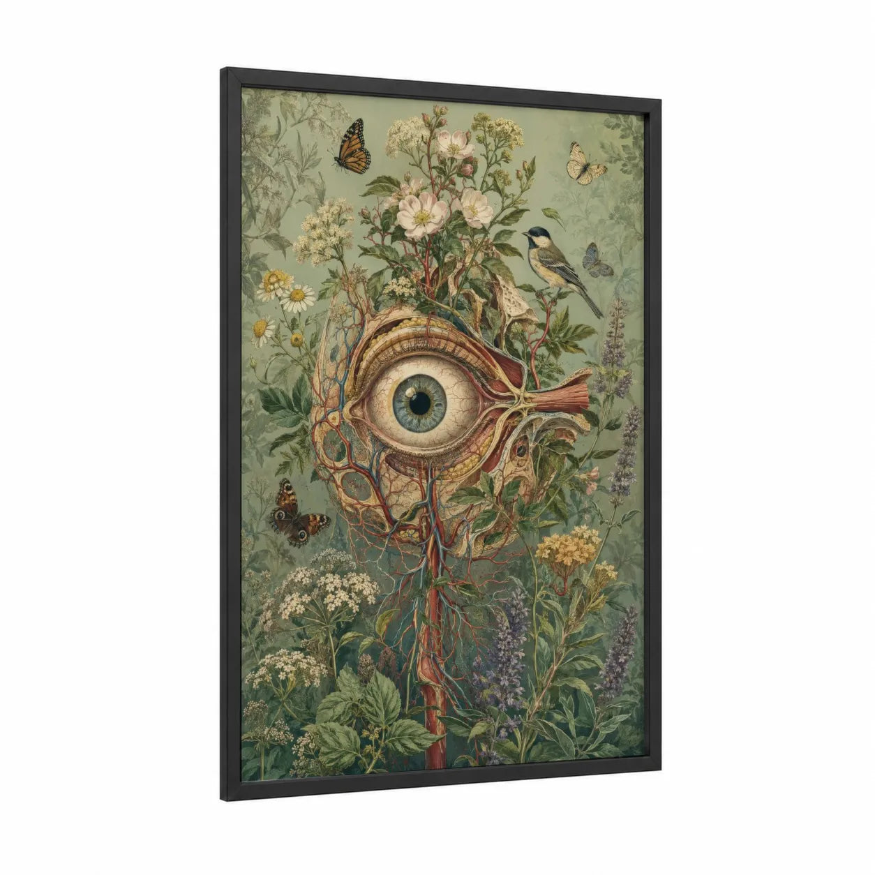 Surreal Botanical Eye Garden Wall Art framed flower print — black wood frame — sage green and cream palette