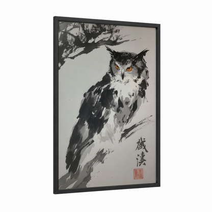 Golden-Eyed Owl framed art print — black wood frame — black and white and gold palette