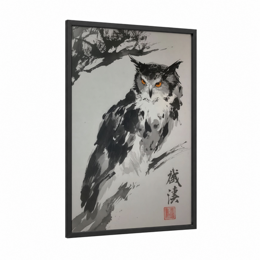 Golden-Eyed Owl framed art print — black wood frame — black and white and gold palette