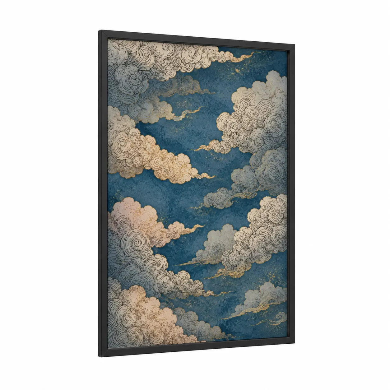 Japanese Cloud Sky Wall Art framed art print — black wood frame — blue and gold palette