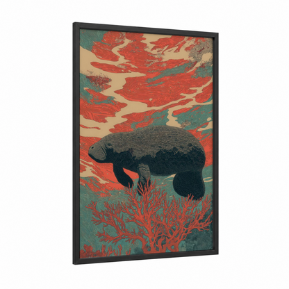 Coral Manatee framed manatees print — black wood frame — red and teal palette