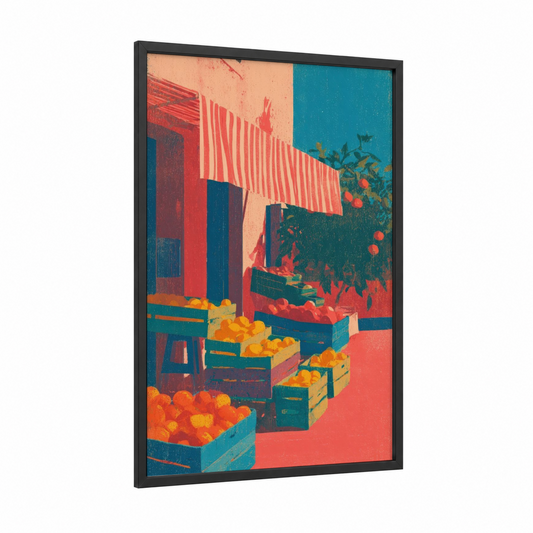 Colorful Market Store framed art print — black wood frame — red and teal palette