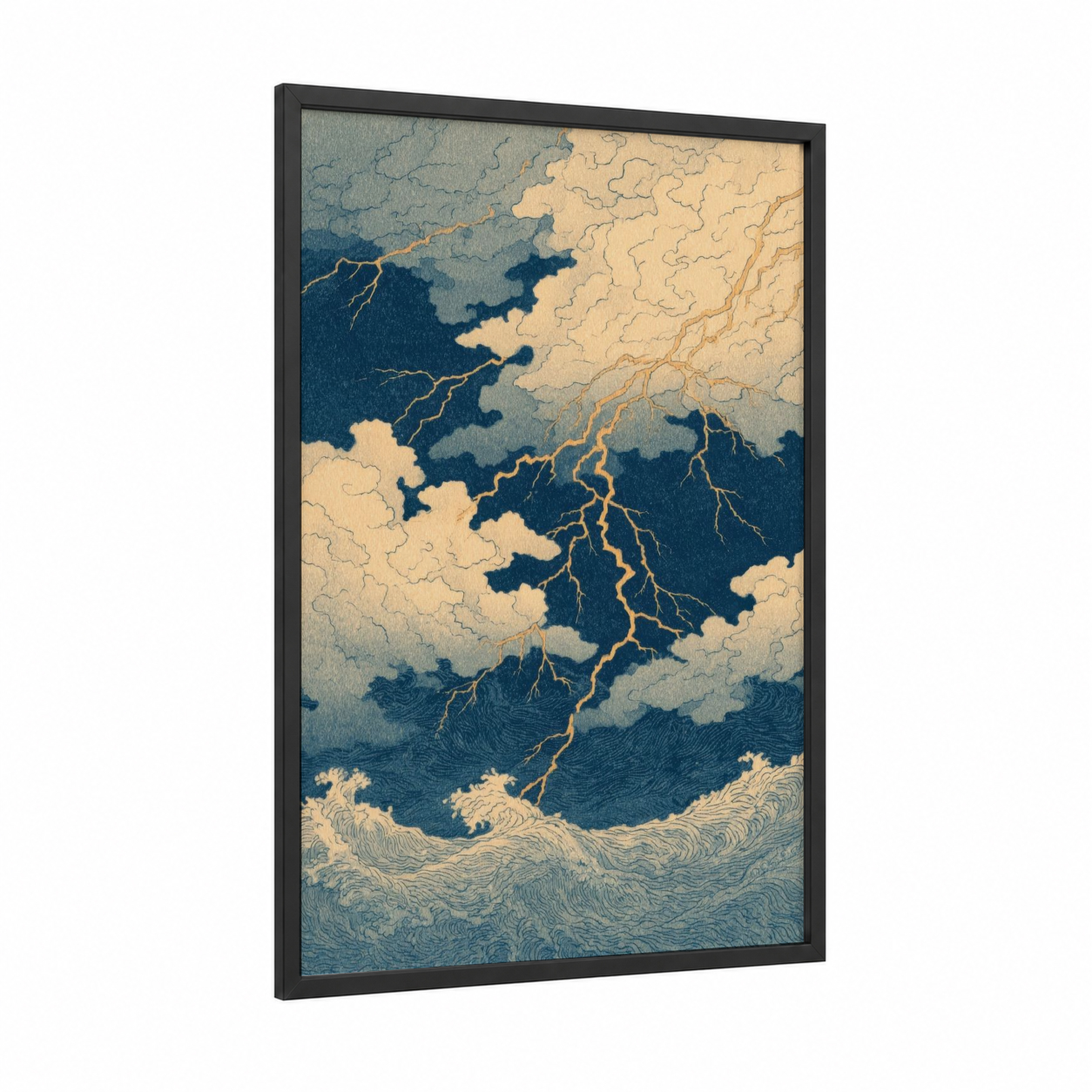 Stormy Lightning Strike framed art print — black wood frame — dark blue and gold and white palette