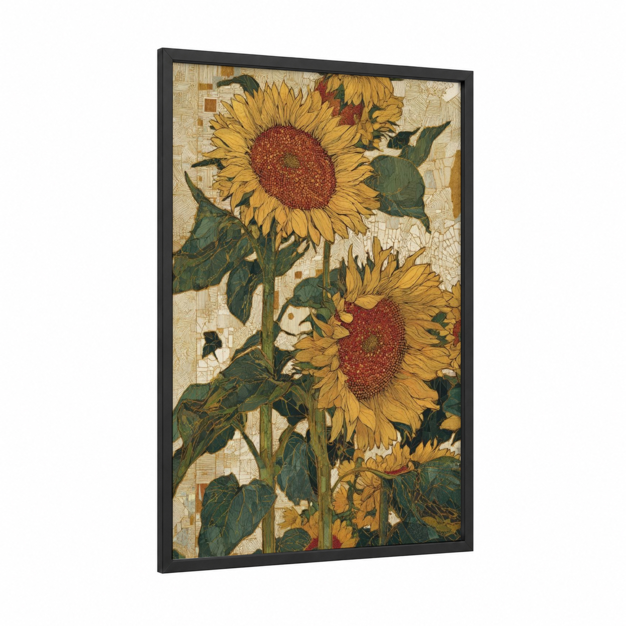 Golden Sunflower Vintage framed sunflower field print — black wood frame — gold and cream palette