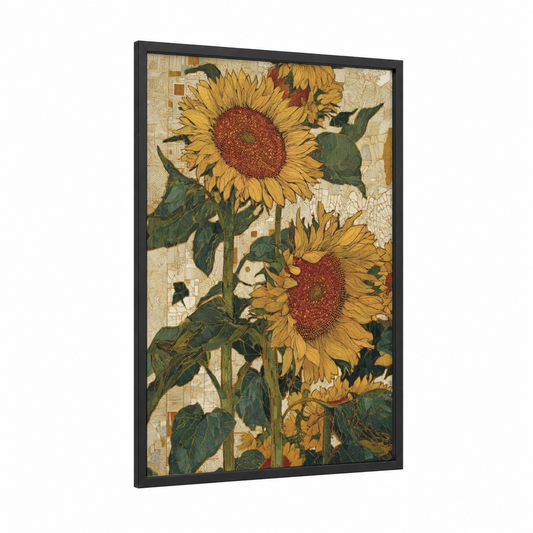Golden Sunflower Vintage framed sunflower field print — black wood frame — gold and cream palette
