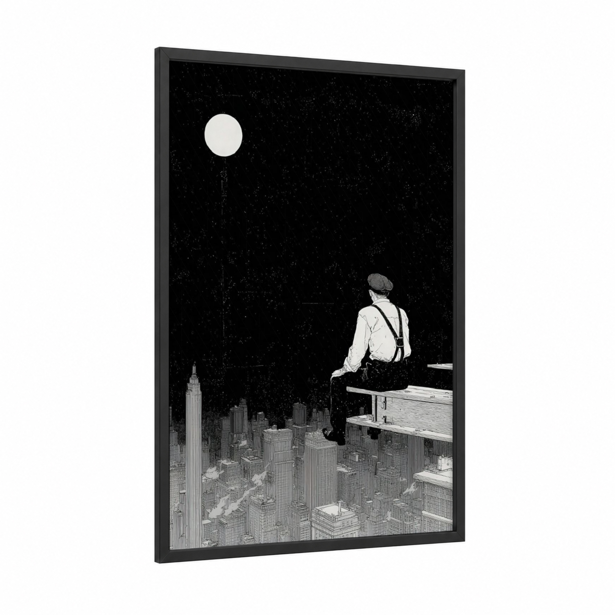 Rooftop Dreamer framed labor day print — black wood frame — black and white palette