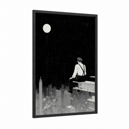 Rooftop Dreamer framed labor day print — black wood frame — black and white palette