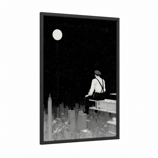 Rooftop Dreamer framed labor day print — black wood frame — black and white palette