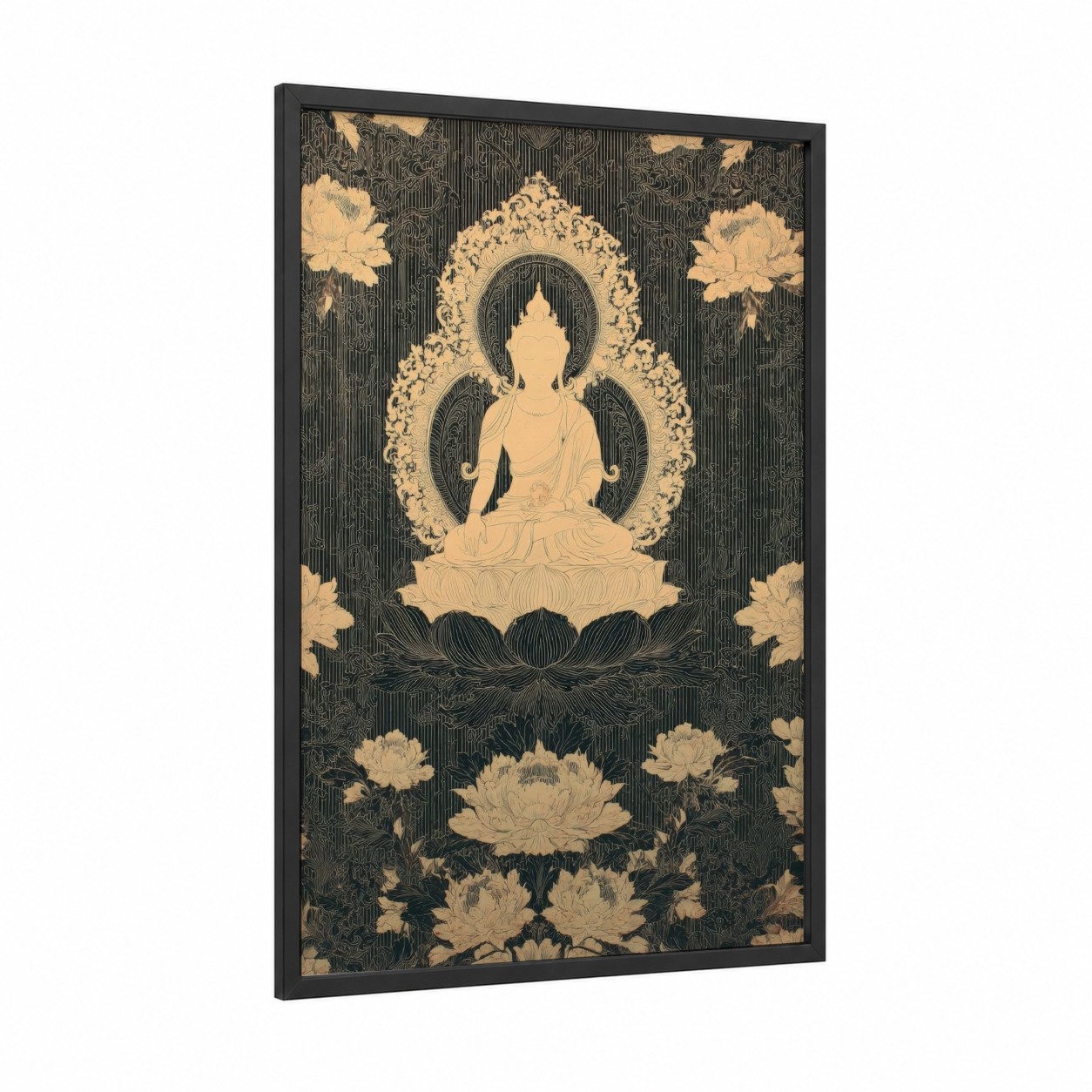 Seated Buddha Lotus framed hinduism print — black wood frame — cream and black and white palette
