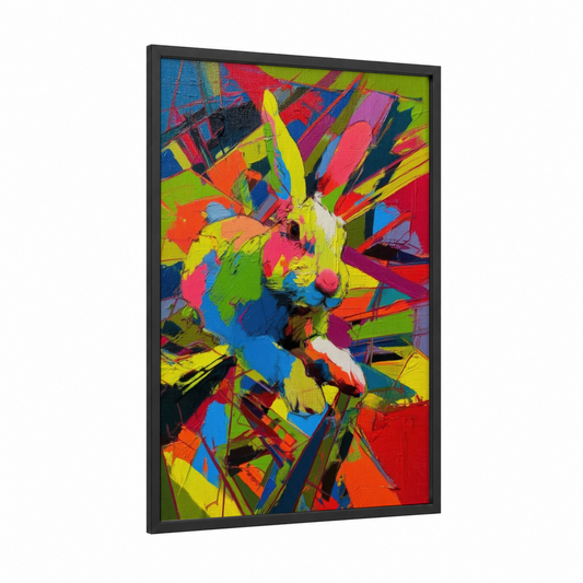 Neon Rabbit Pop framed art print — black wood frame — yellow gold and magenta palette