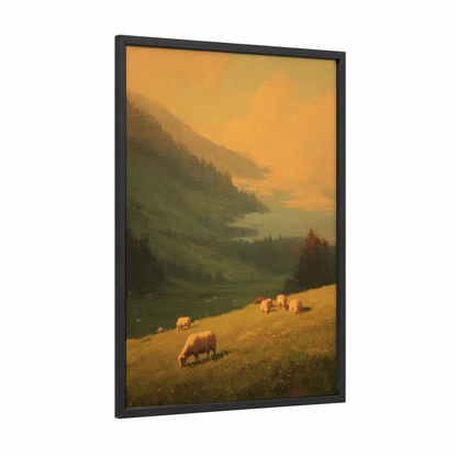 Alpine Pastoral Sunset framed farm print — black wood frame — gold and green palette