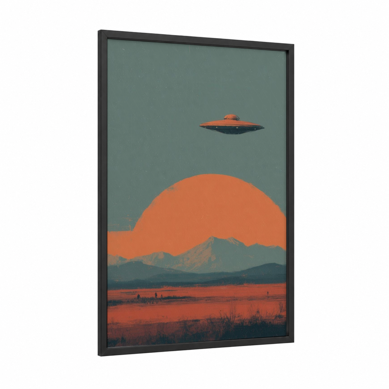 Alien Desert Landing framed ufo print — black wood frame — orange and dove gray palette