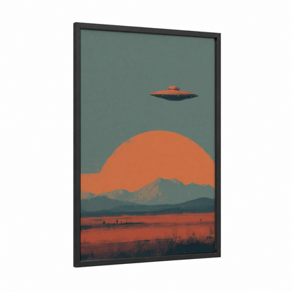 Alien Desert Landing framed ufo print — black wood frame — orange and dove gray palette