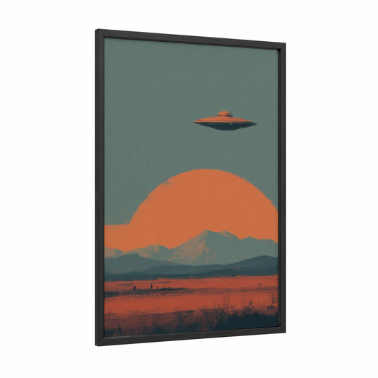 Alien Desert Landing framed ufo print — black wood frame — orange and dove gray palette