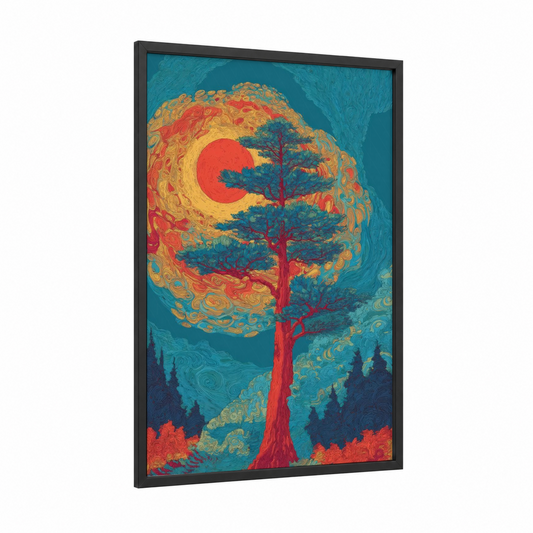 Crimson Redwood Sunset framed redwood tree print — black wood frame — teal and red palette