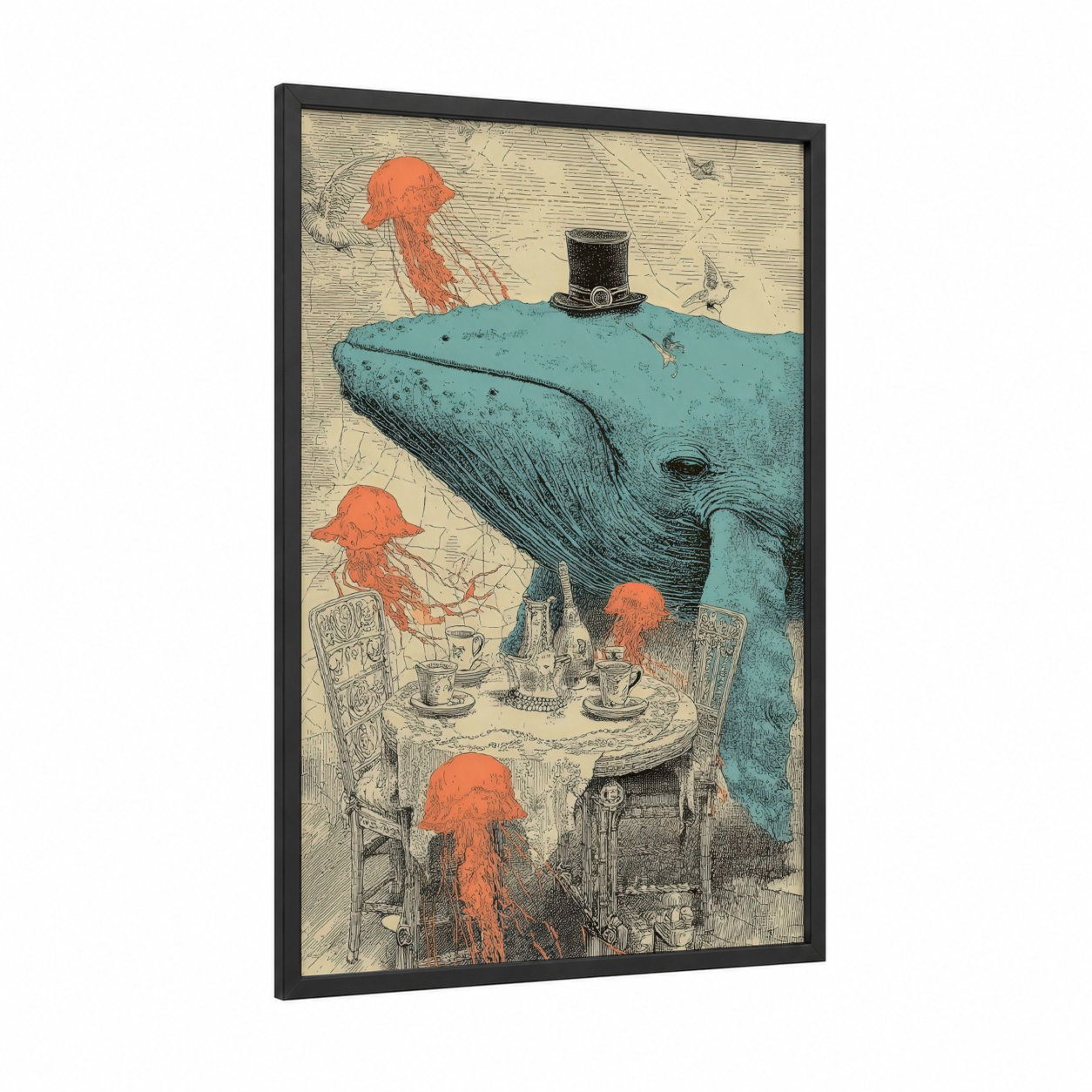 Whimsical Whale Tea Party framed blue whale print — black wood frame — teal and orange palette