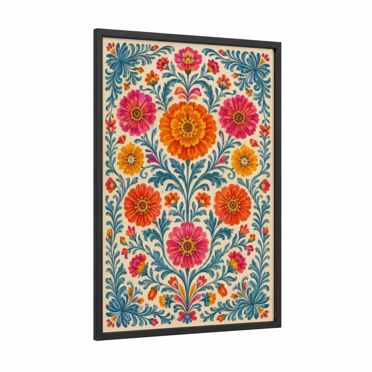 Folk Floral Symmetry Wall Art framed flower print — black wood frame — orange and blue palette