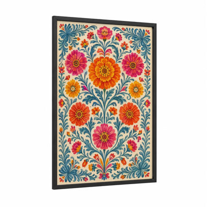 Folk Floral Symmetry Wall Art framed flower print — black wood frame — orange and blue palette