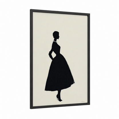Elegant Silhouette framed vintage fashion print — black wood frame — black and white and cream palette
