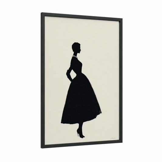 Elegant Silhouette framed vintage fashion print — black wood frame — black and white and cream palette