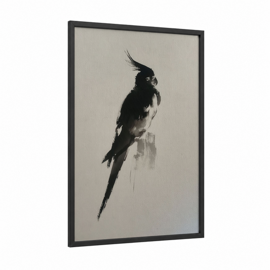 Crested Cockatiel framed art print — black wood frame — black and white palette