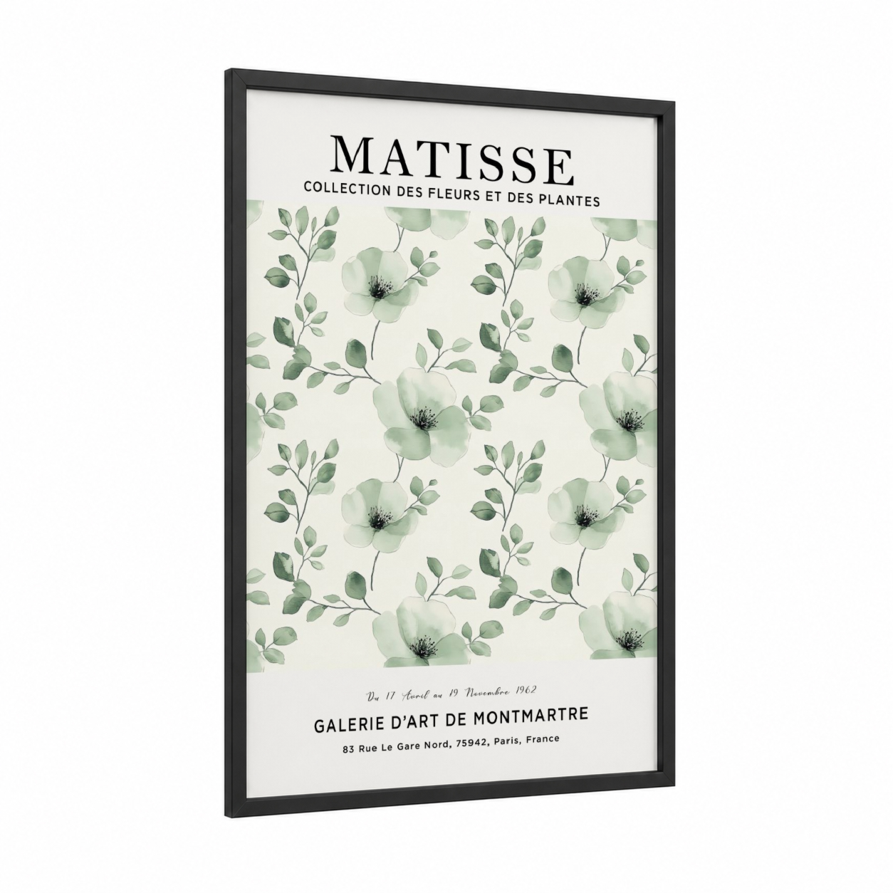 Matisse Florals framed abstract flower print — black wood frame — light green and cream palette
