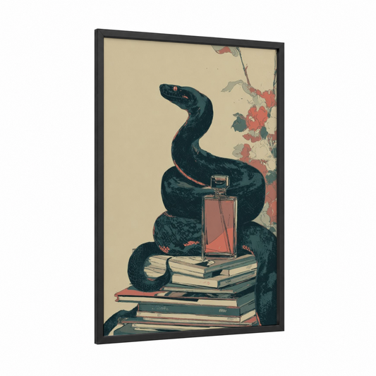 Literary Boa framed boa constrictor print — black wood frame — dark blue and rose gold palette