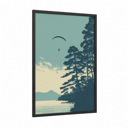 Alpine Paragliding framed art print — black wood frame — teal and cream palette