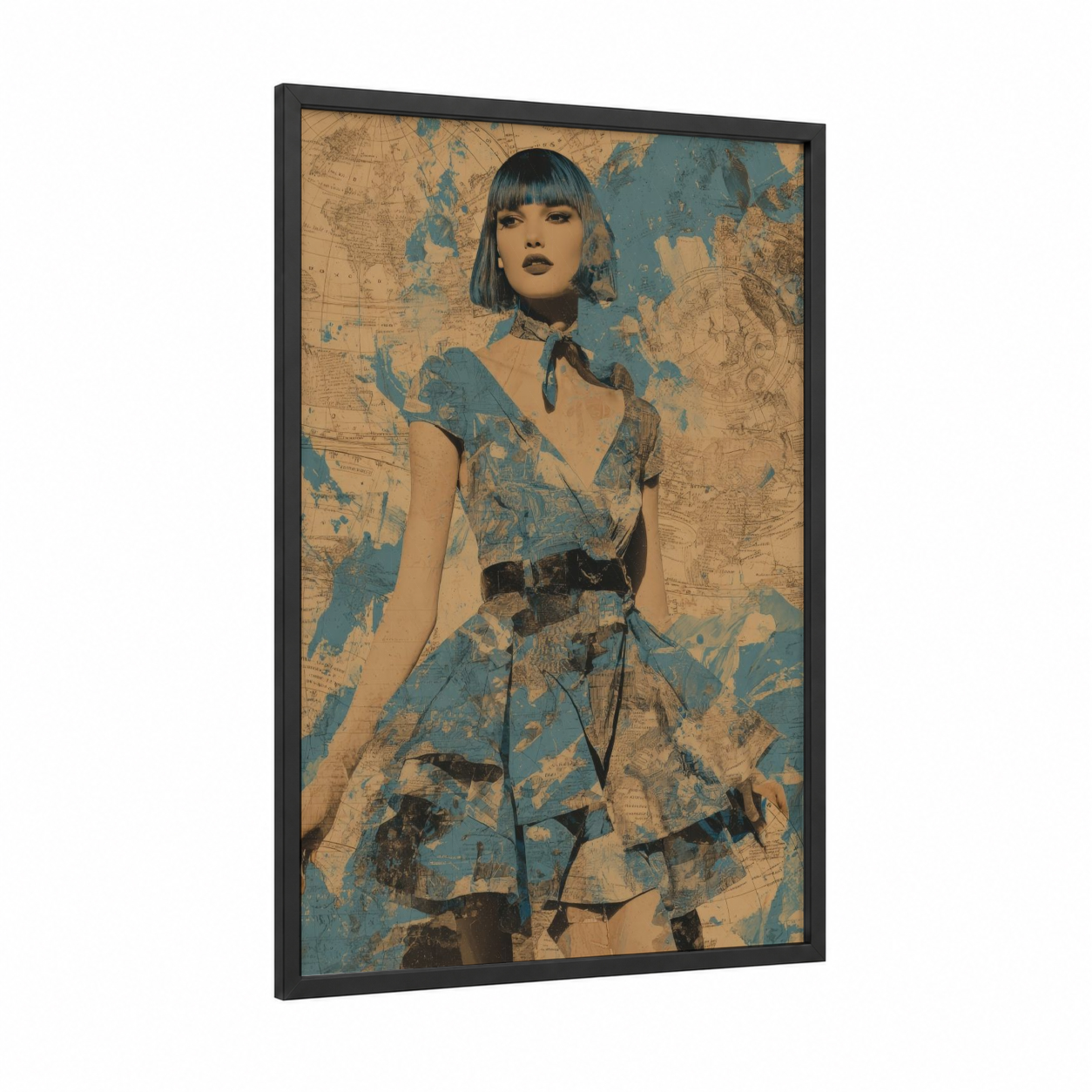 Vintage Map Fashion framed women's fashion print — black wood frame — blue and cream palette