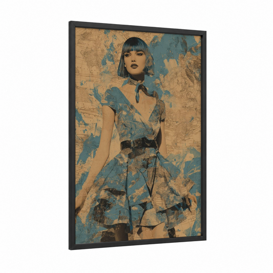 Vintage Map Fashion framed women's fashion print — black wood frame — blue and cream palette