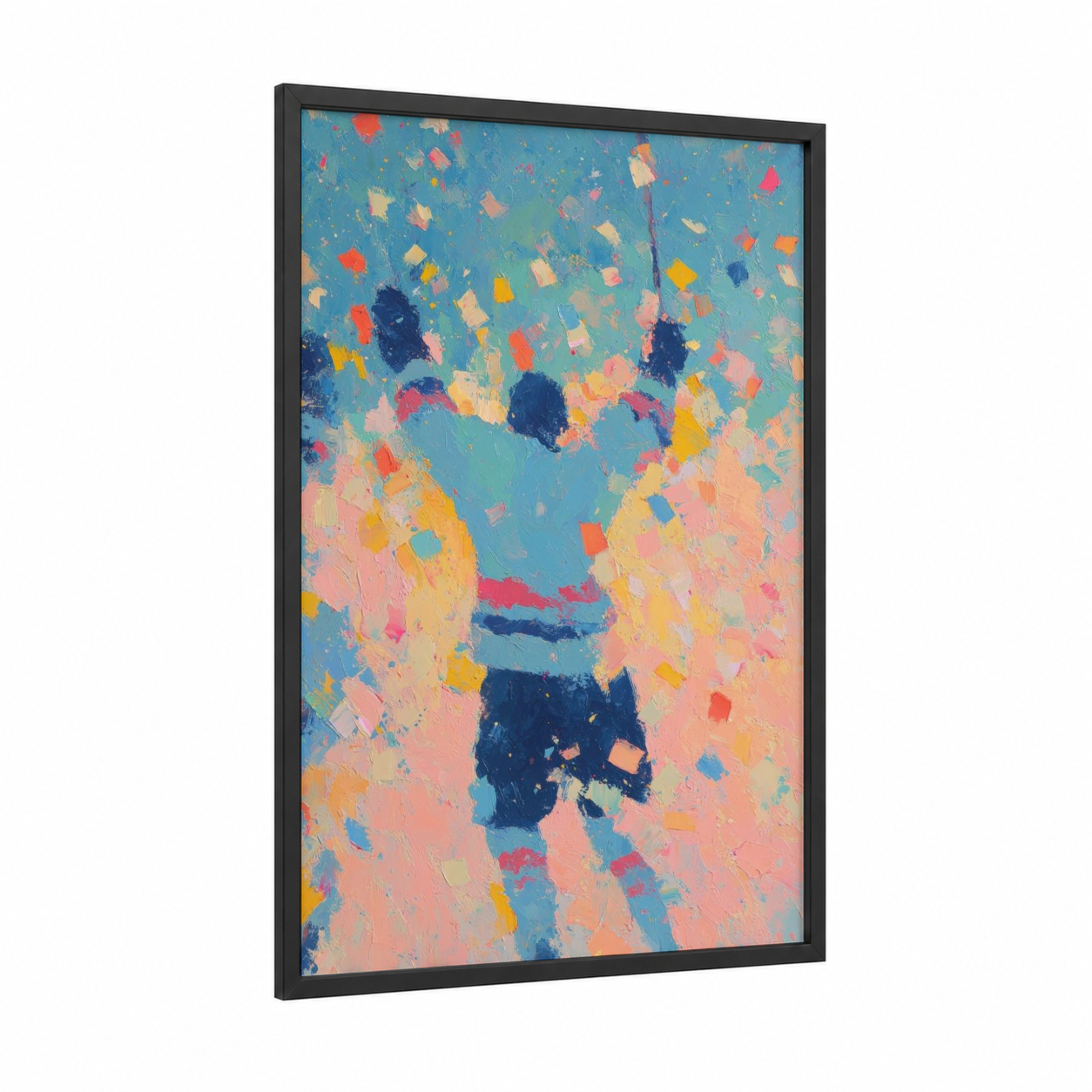 Colorful Hockey Player framed ice hockey print — black wood frame — teal and salmon pink palette