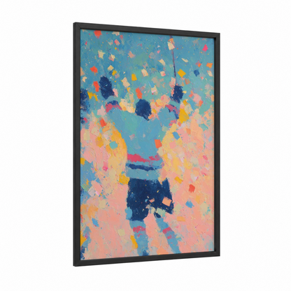 Colorful Hockey Player framed ice hockey print — black wood frame — teal and salmon pink palette