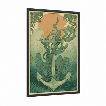 Verdant Anchor framed art print — black wood frame — gold and teal palette