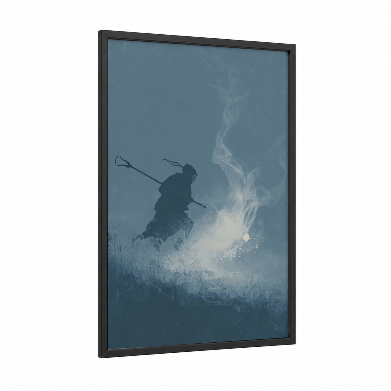 Dynamic Lacrosse Player framed art print — black wood frame — blue and white and gray palette