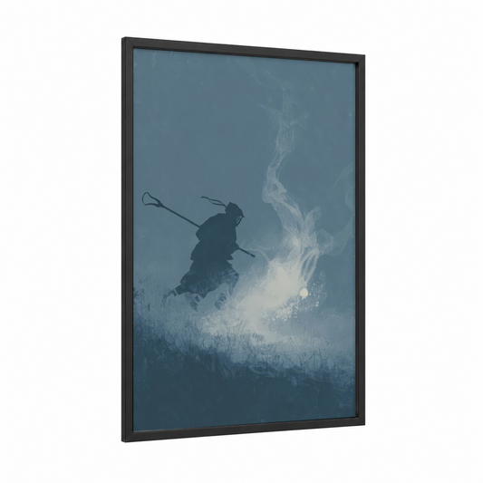 Dynamic Lacrosse Player framed art print — black wood frame — blue and white and gray palette