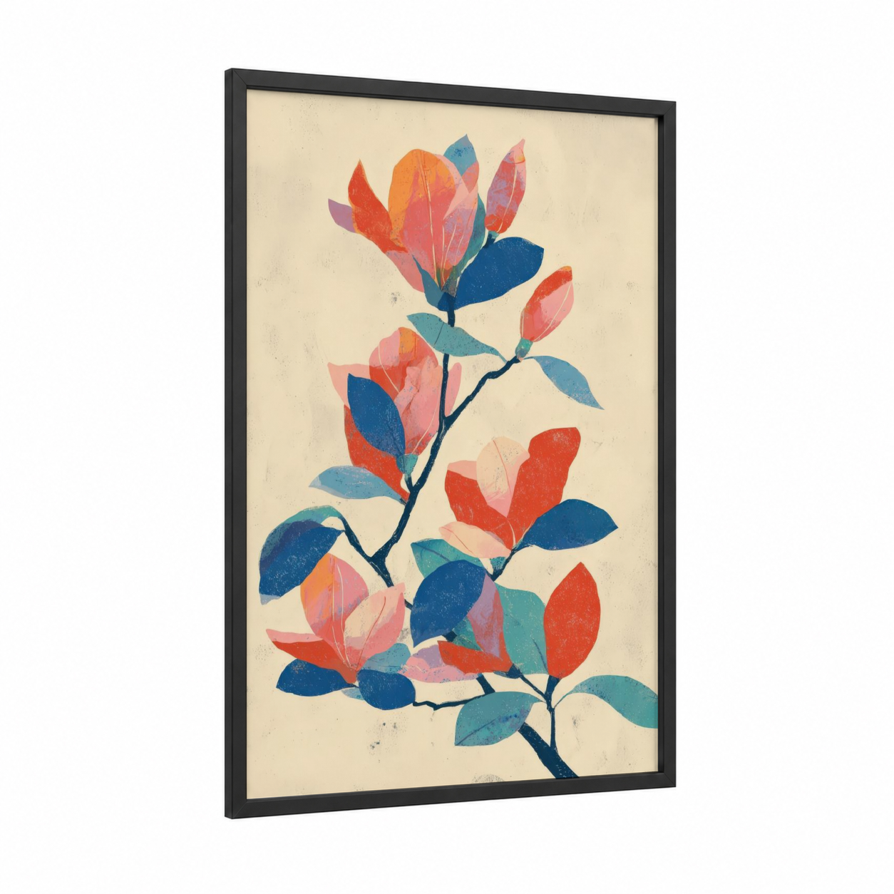 Colorful Magnolia framed art print — black wood frame — blue palette