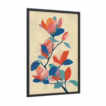 Colorful Magnolia framed art print — black wood frame — blue palette