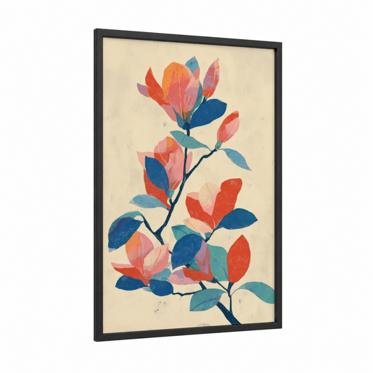 Colorful Magnolia framed art print — black wood frame — blue palette
