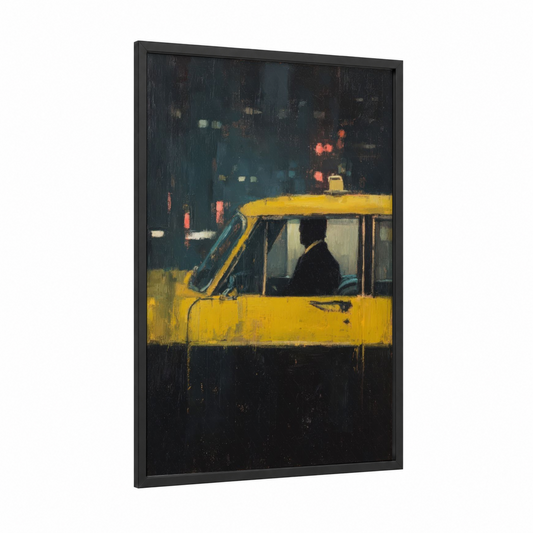 Rainy Taxi Night framed taxi cab print — black wood frame — gold and black and blue palette