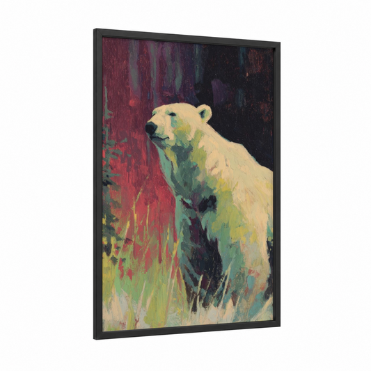 Contemplative Polar Bear framed art print — black wood frame — maroon and olive palette