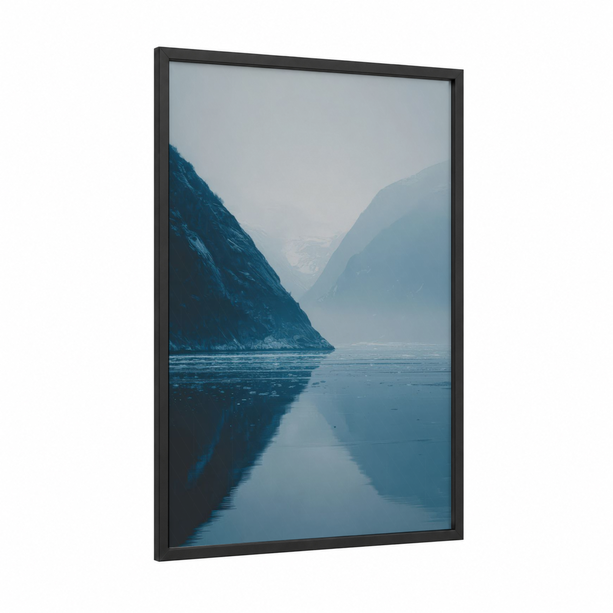 Misty Glacier Valley framed art print — black wood frame — blue and gray palette